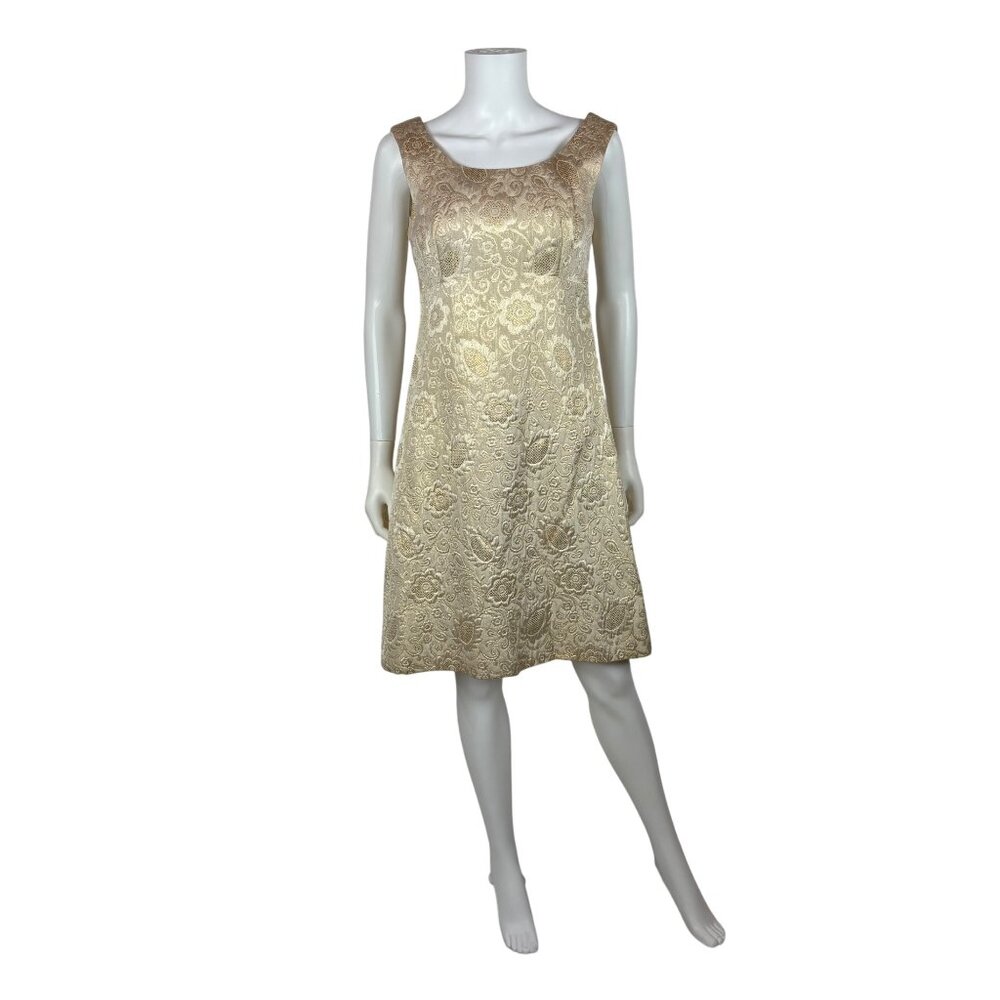 Vintage 60s Brocade Dress Womens Small Gold Floral Cocktail Shift
